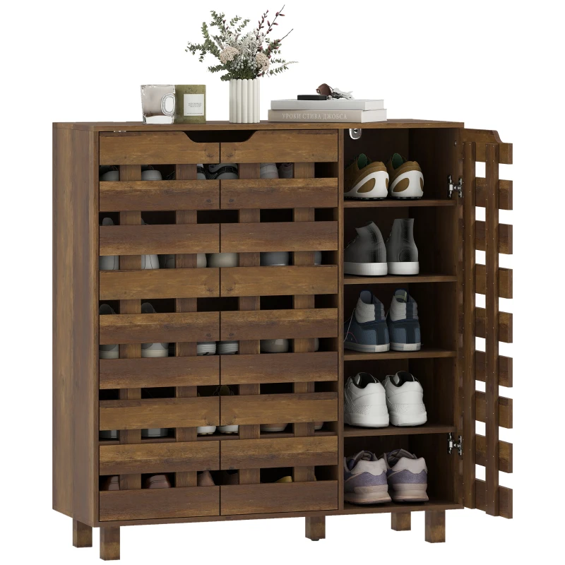 HOMCOM Shoe Cabinet, 20 Pair Shoe Storage Cabinet with Hollowed-Out Doors, Distressed Brown