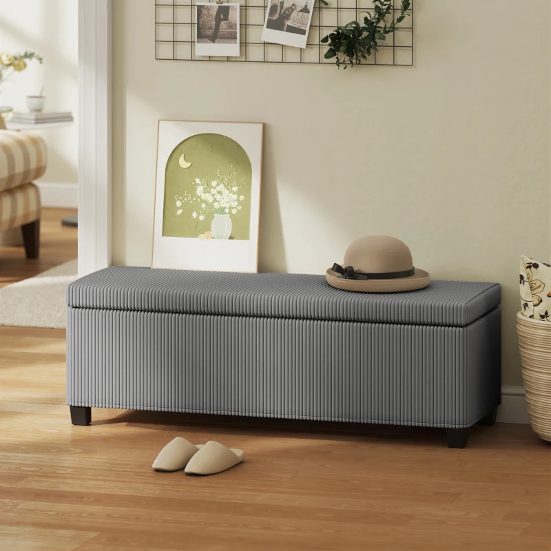 HOMCOM 47 Inches Storage Ottoman Bench, Foot Rest with Legs, End of Bed Bench, Corduroy Storage Chest for Living Room, Gray