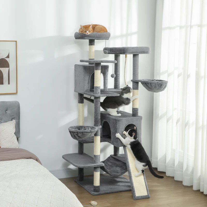 PawHut 69" Cat Tree, Multi-Level Cat Tower with 2 Condos and 3 Hammocks, 8 Scratching Posts, for Multiple Cats, Dark Gray
