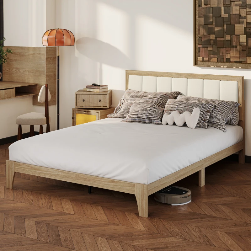 HOMCOM Queen Bed Frame with Headboard Queen Platform Bed Frame with Wooden Slats No Box Spring Needed Easy Assembly Natural