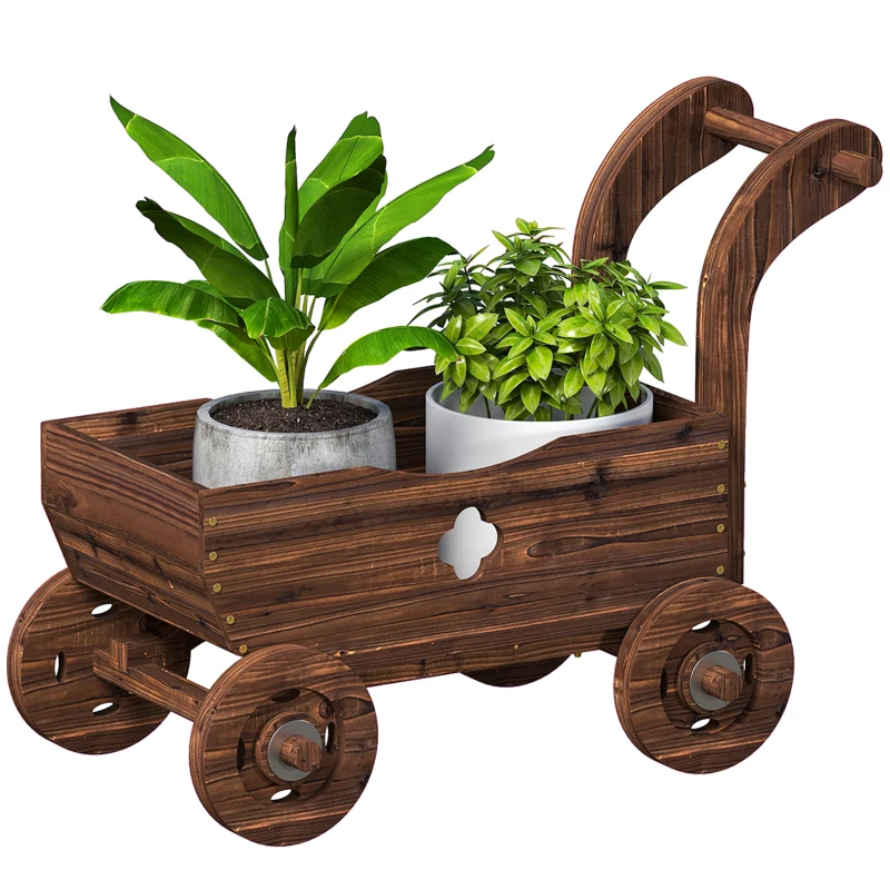 Outsunny Wagon Flower Planter Cart with Wheels, Garden Wagon with Handle for Outdoor Patio Yard, Carbonized