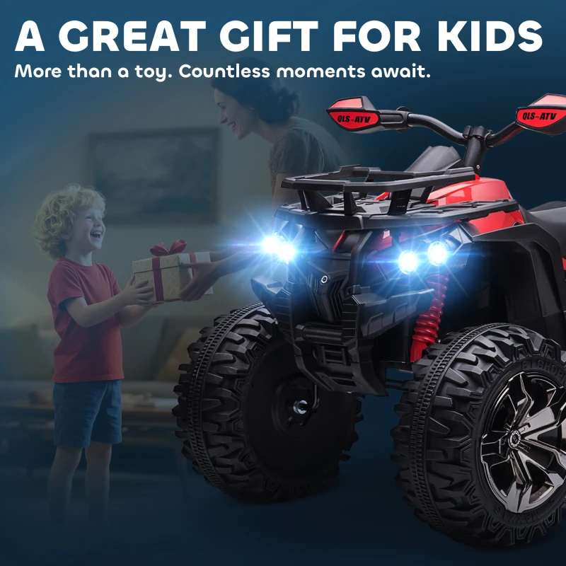 Aosom Kids Ride-on Car, 12V/10AH Four Wheeler Kids ATV, Battery Powered Off-Road Quad with MP3, Headlights, Suspension, 1.8-5 mph, Red