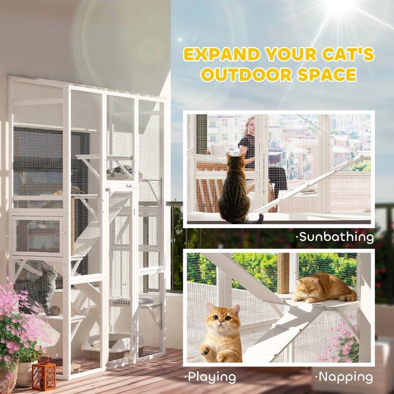 PawHut Outdoor Catio Cat Enclosure, Large Wooden Cat House with 6 Jumping Platforms, Scratching Post, 2 Ramps, for 2-3 Kittens