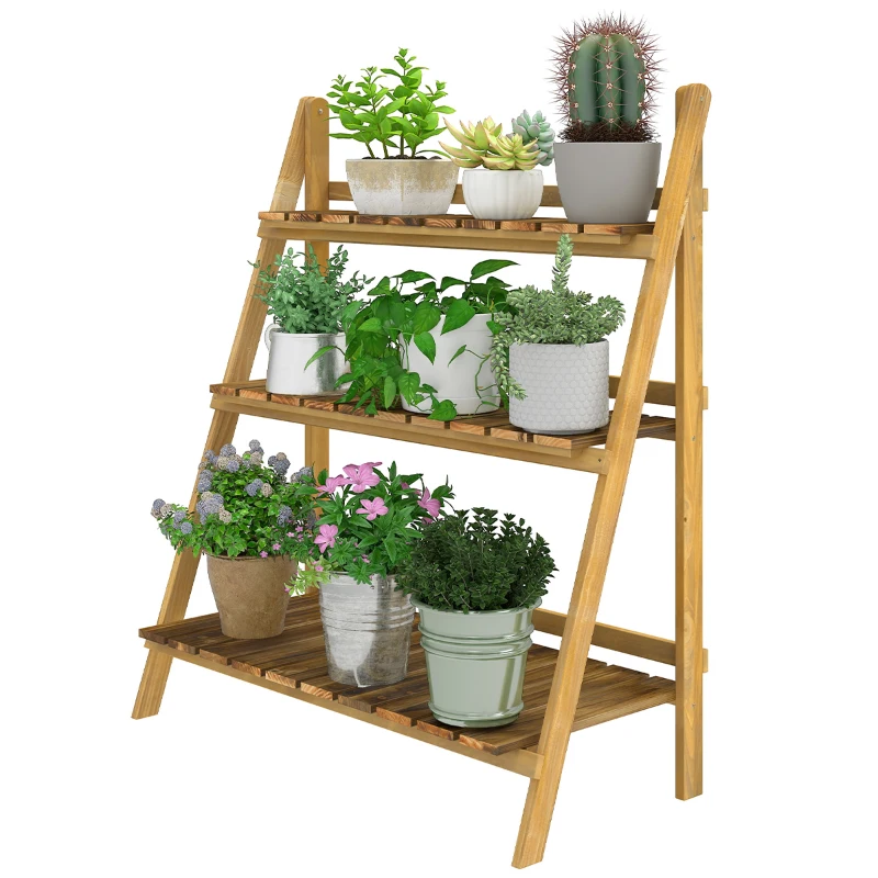 Outsunny Outdoor Plant Stand, Foldable 3-Tier Wooden Plant Shelf