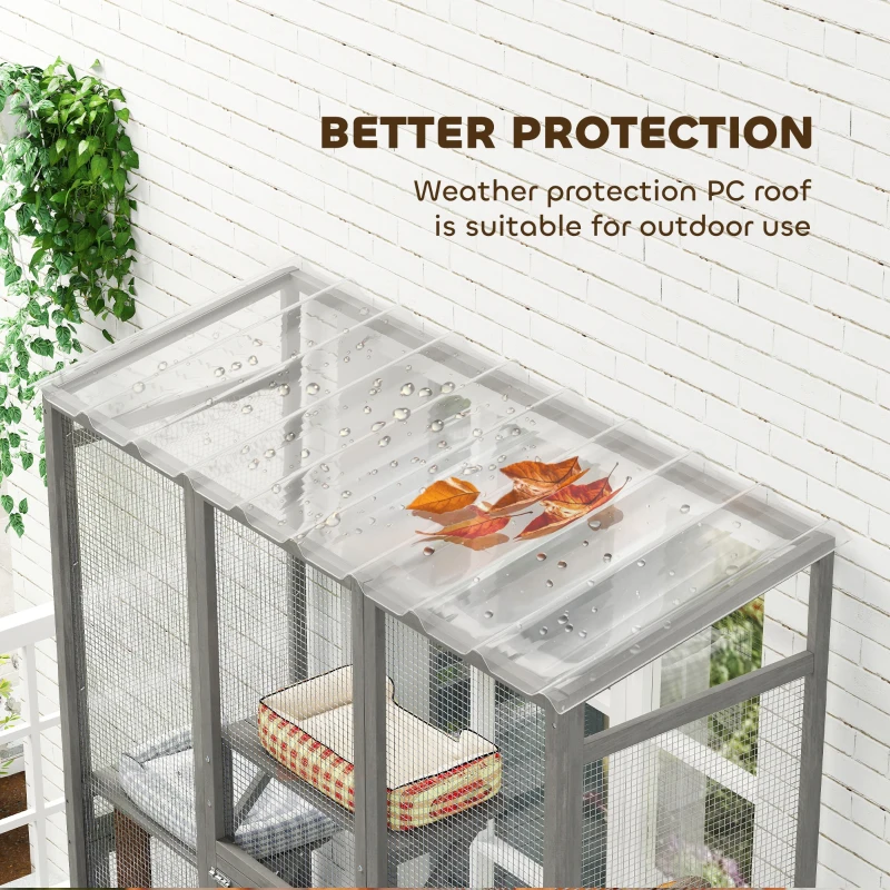 PawHut Outdoor Catio Cat Enclosure, Large Wooden Cat House with 6 Jumping Platforms, Scratching Post, 2 Ramps, for 2-3 Kittens