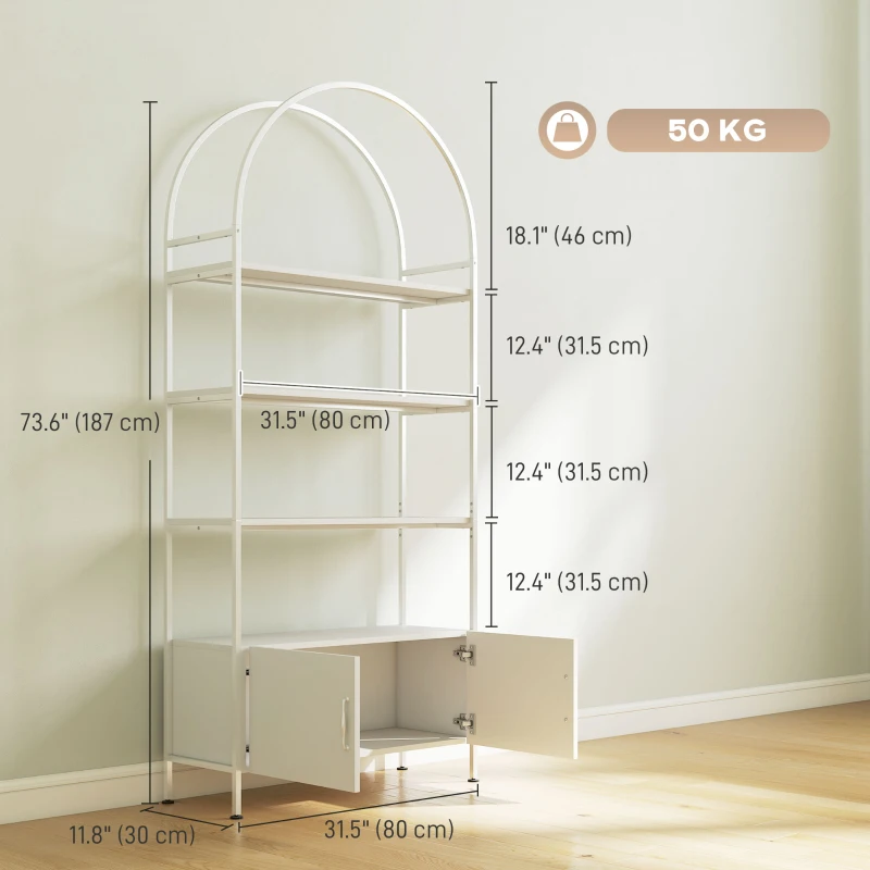HOMCOM 4-Tier Arched Shelving Unit with Cabinet, Bookshelf for Living Room, Office, 31.5" x 11.8" x 73.6", White