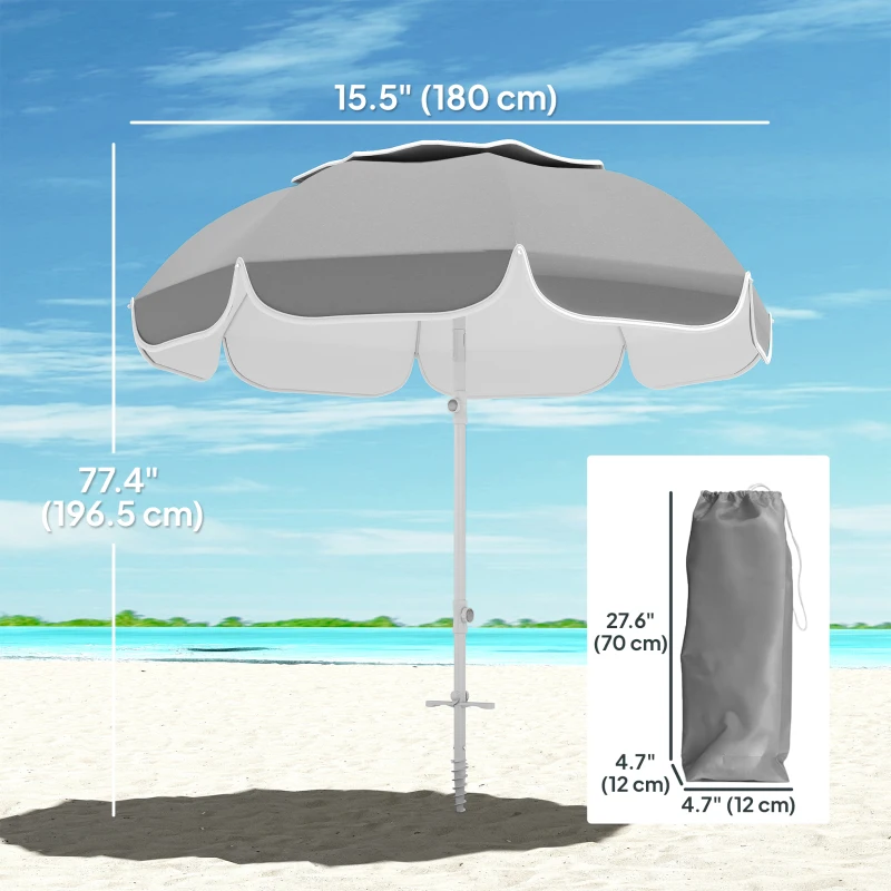 Outsunny 6 ft Beach Umbrella Portable with Sand Anchor, Carry Bag, Adjustable Height & Tilt, UPF50+ UV Protection, Grey