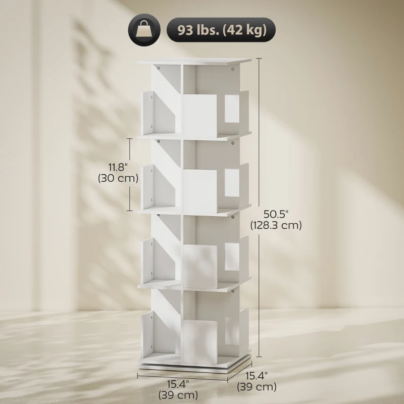 HOMCOM 360° Rotating Bookcase, 4 Tier Bookshelf with 16 Cubbies for Small Space, Living Room, Bedroom, Study, White Wood Grain