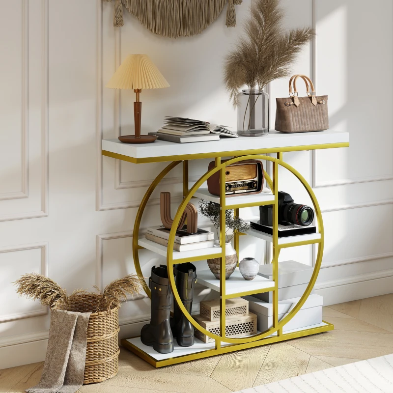 HOMCOM 39.4" Console Table with Storage Shelves, Industrial Sofa Table for Living Room, Hallway, White Marble Effect