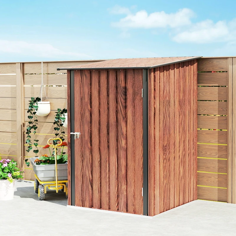 Outsunny 3.3' x 3.4' Lean-to Garden Storage Shed, Outdoor Galvanized Steel Tool House with Lockable Door for Patio, Teak