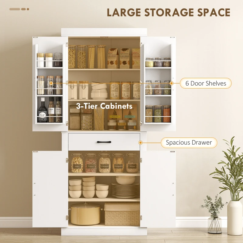 HOMCOM 72" Kitchen Pantry Cabinet, Farmhouse Kitchen Storage Cabinet with 4 Barn Doors, 6 Door Shelves, Drawer, White