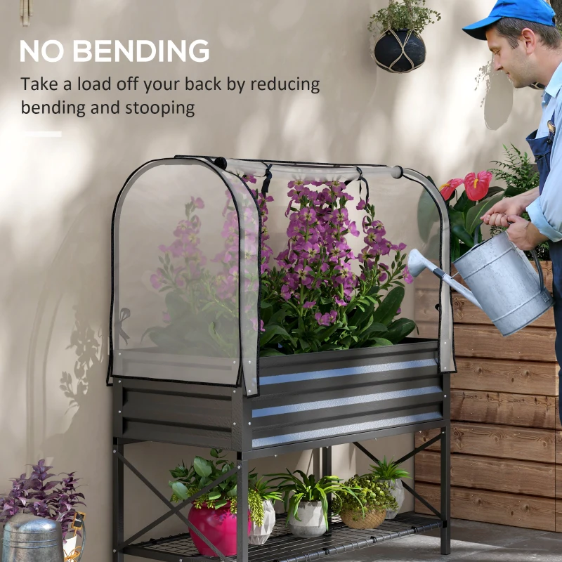 Outsunny Raised Garden Bed with Cover, Metal Elevated Planter Box with Bottom Shelf and Liner, Black