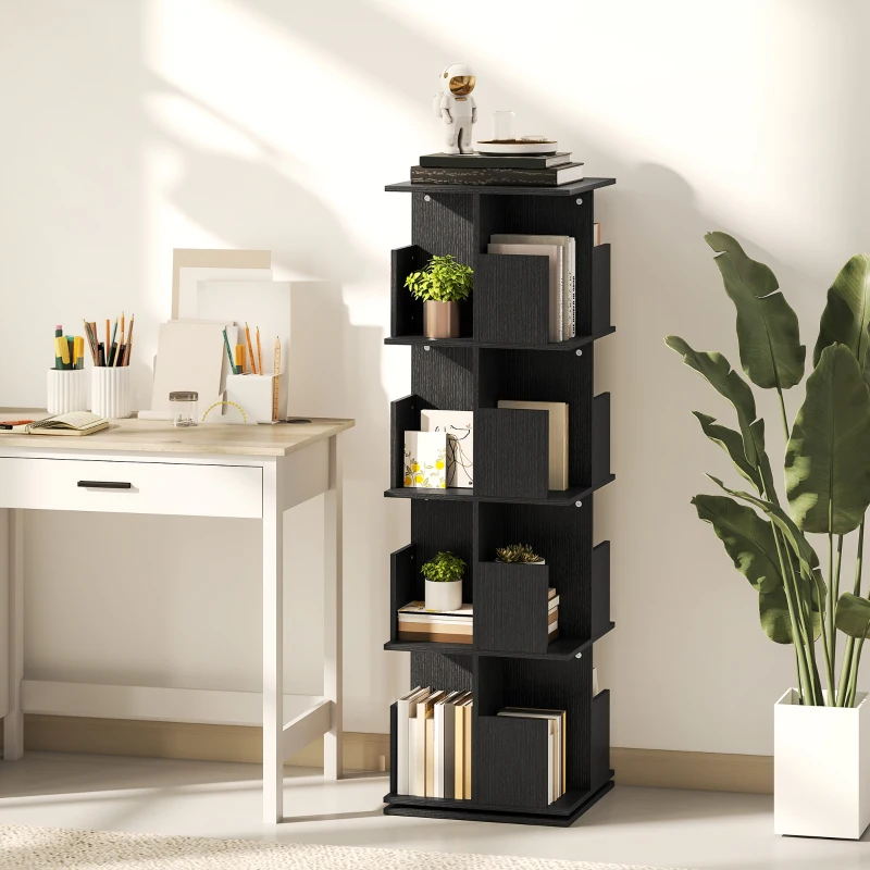 HOMCOM 360° Rotating Bookcase, 4 Tier Bookshelf with 16 Cubbies for Small Space, Living Room, Bedroom, Study, Black Wood Grain