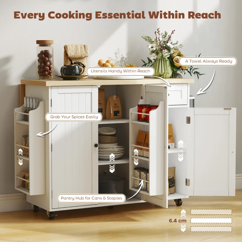 HOMCOM Kitchen Island Cart, Rolling Kitchen Island Table with Drop Leaf, Drawer, Spice and Towel Rack, White