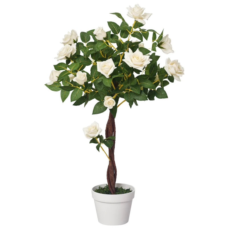 Outsunny 3FT Artificial Plant White Rose Floral in Pot, Fake Plant for Home Indoor Decor