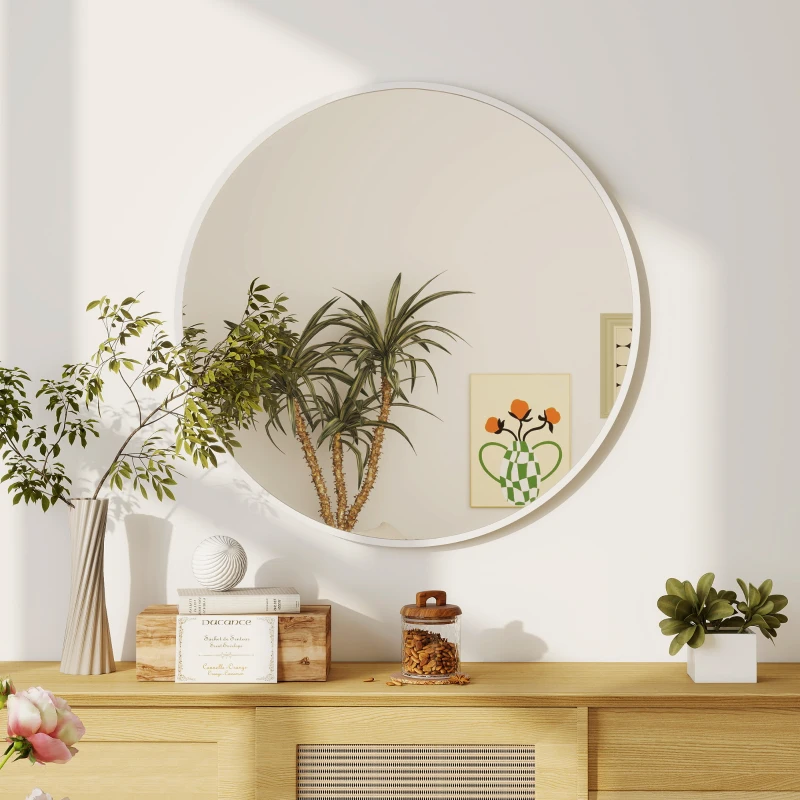 HOMCOM 36" Round Mirror, Bathroom Wall Mirror with Metal Frame, Decorative Vanity Mirror for Living Room, Bedroom, White