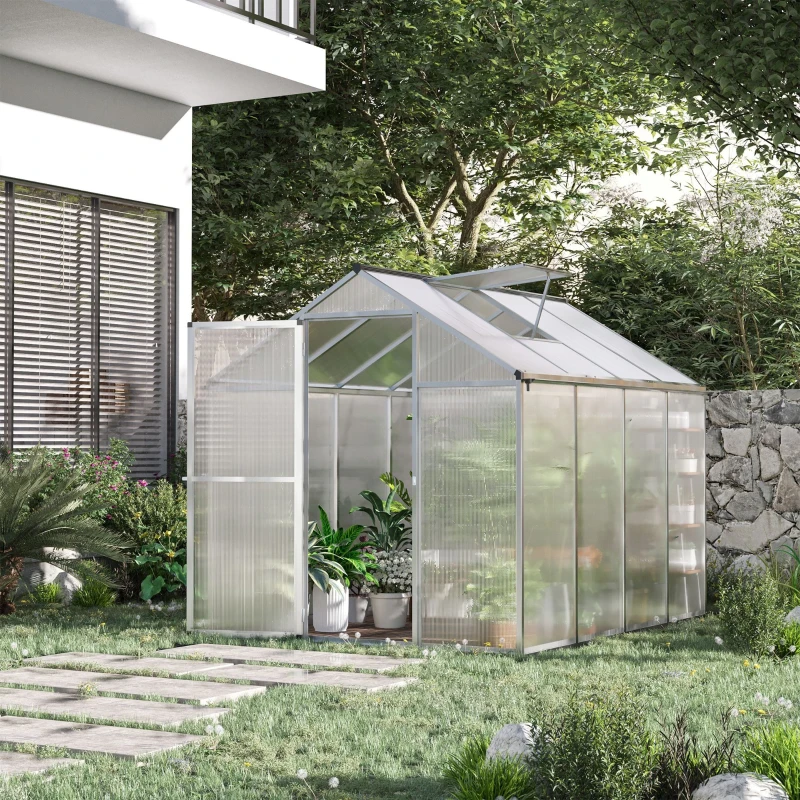 Outsunny 8' L x 6' W Walk-In Polycarbonate Greenhouse with Roof Vent for Ventilation & Rain Gutter for Winter