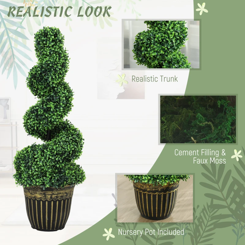 HOMCOM Set of 2 Artificial Plants, Topiary Spiral Boxwood Trees with Pot, for Home Indoor Outdoor Decor, 90cm