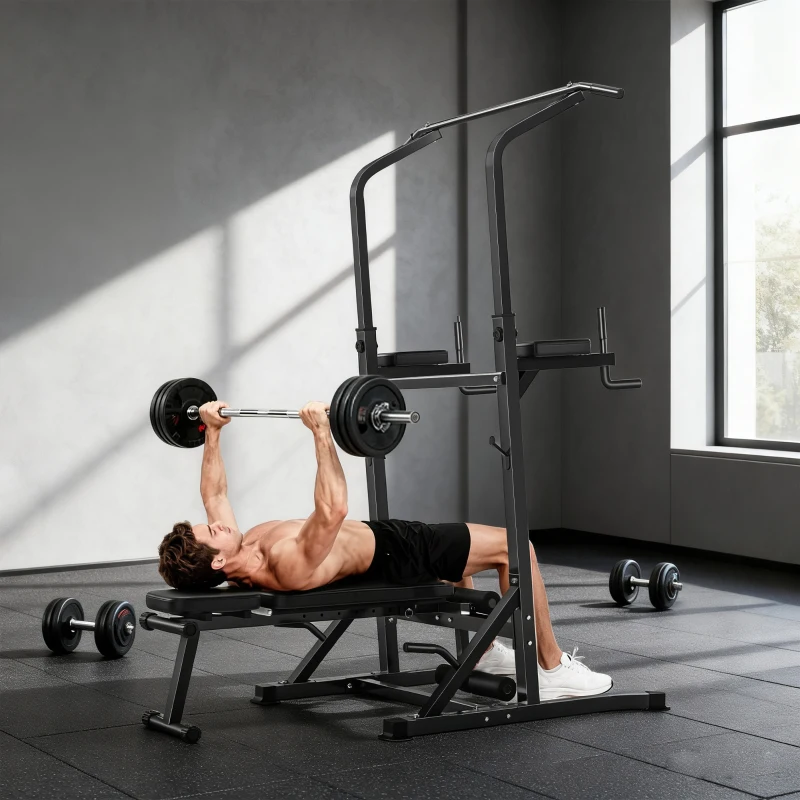 Soozier Foldable Power Tower Pull Up Dip Station with Adjustable Weight Bench for Home Gym Strength Training Fitness