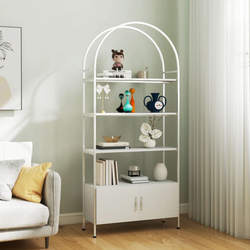 HOMCOM 4-Tier Arched Shelving Unit with Cabinet, Bookshelf for Living Room, Office, 31.5" x 11.8" x 73.6", White