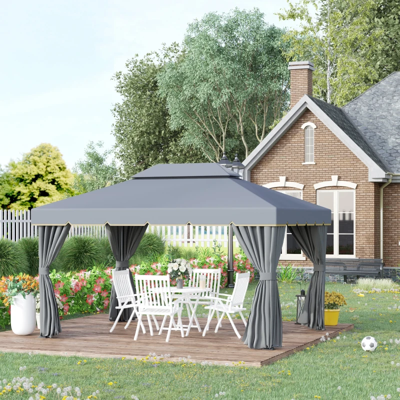 Outsunny 13' x 10' Patio Gazebo Canopy with 2-Tier Polyester Roof, Vented Mesh Sidewall & Strong Aluminum Frame, Grey