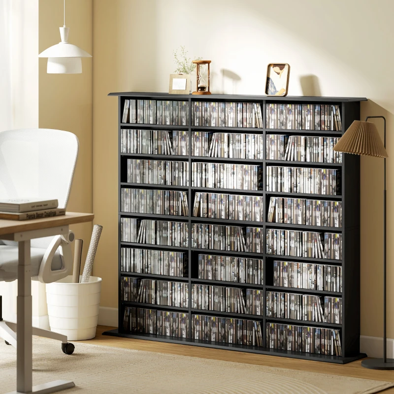 HOMCOM Media Storage Cabinet, 8-Tier DVD Shelf with 18 Adjustable Shelves, Holds 1032 CDs, 594 DVDs or Blu-rays, Black