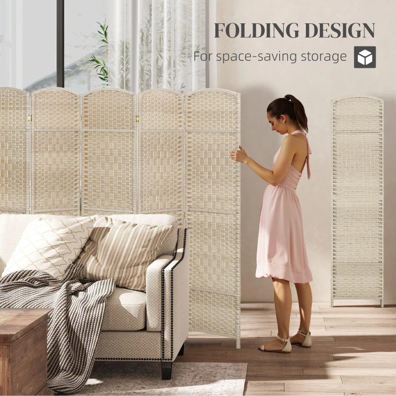 HOMCOM 6 Ft Tall Folding Room Divider, 6 Panel Portable Privacy Screen, Hand-Woven Partition Wall Divider, Light Oak
