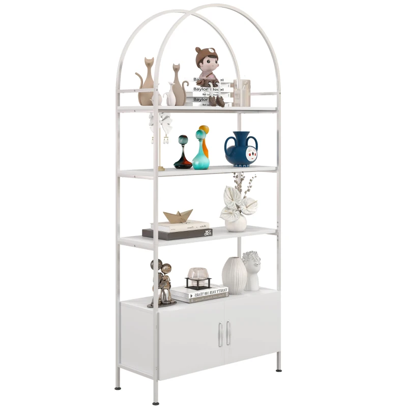 HOMCOM 4-Tier Arched Shelving Unit with Cabinet, Bookshelf for Living Room, Office, 31.5" x 11.8" x 73.6", White