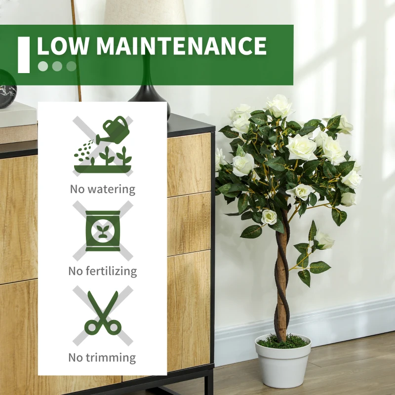 Outsunny 3FT Artificial Plant White Rose Floral Set of 2 in Pot, Fake Plant for Home Indoor Decor