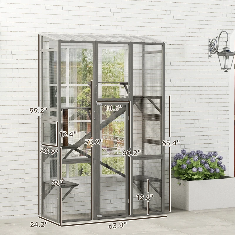 PawHut Outdoor Catio Cat Enclosure, Large Wooden Cat House with 6 Jumping Platforms, Scratching Post, 2 Ramps, for 2-3 Kittens