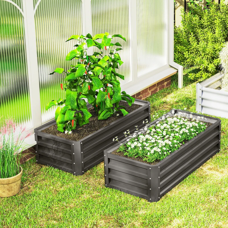 Outsunny Galvanized Raised Garden Beds, Outdoor Planter Box, Set of 2, for Flowers, Herbs and Vegetables, Dark Grey