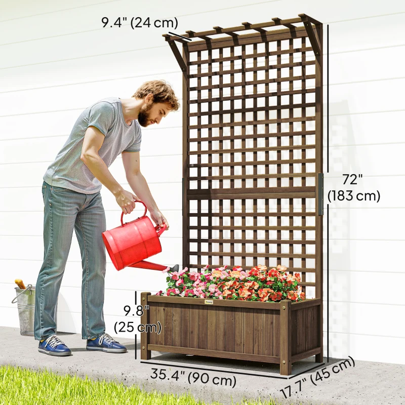 Outsunny Wood Planter with Trellis for Vine Climbing, Raised Garden Bed, Privacy Screen for Backyard, Patio, Deck, Coffee