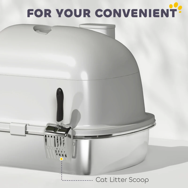 PawHut Enclosed Stainless Steel Litter Box, Metal Cat Litter Box with Scoop, Deodorizer Bag, Handle, Easy to Clean