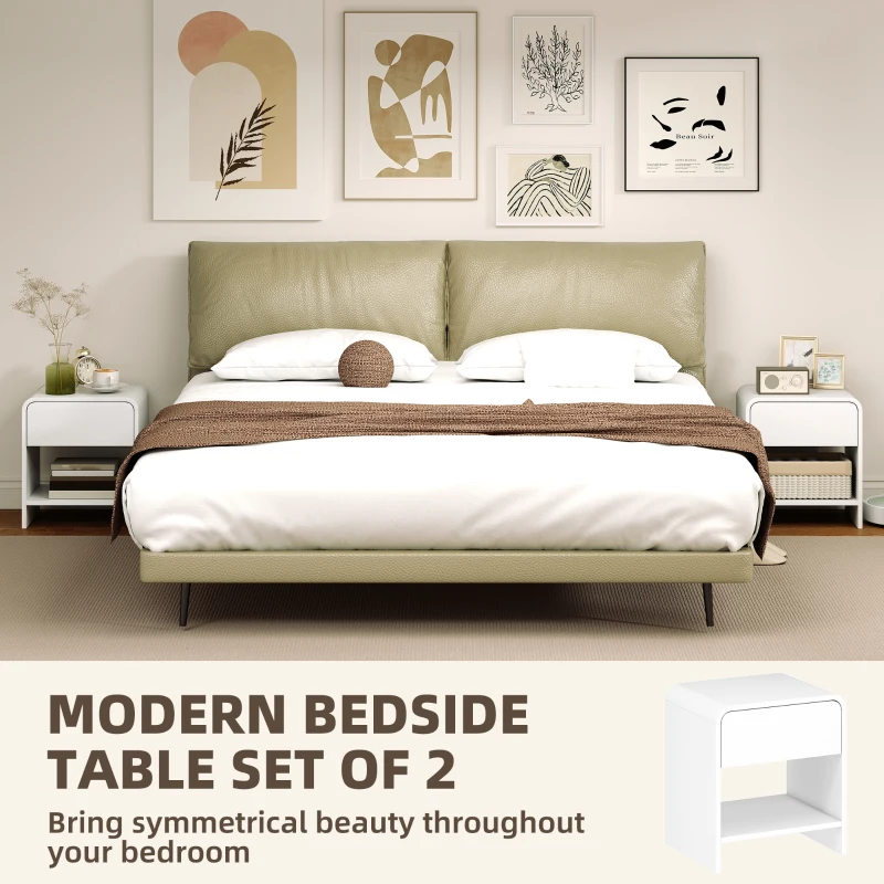 HOMCOM Nightstand Set of 2, Modern Bedside Table with Rounded Corners, Nightstand with Drawer and Open Shelf, Distressed White