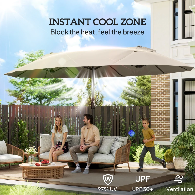 Outsunny 15' Outdoor Patio Umbrella with Twin Canopy Sunshade Steel Table Umbrella with Lift Crank, Cross base, Sandbag, Khaki