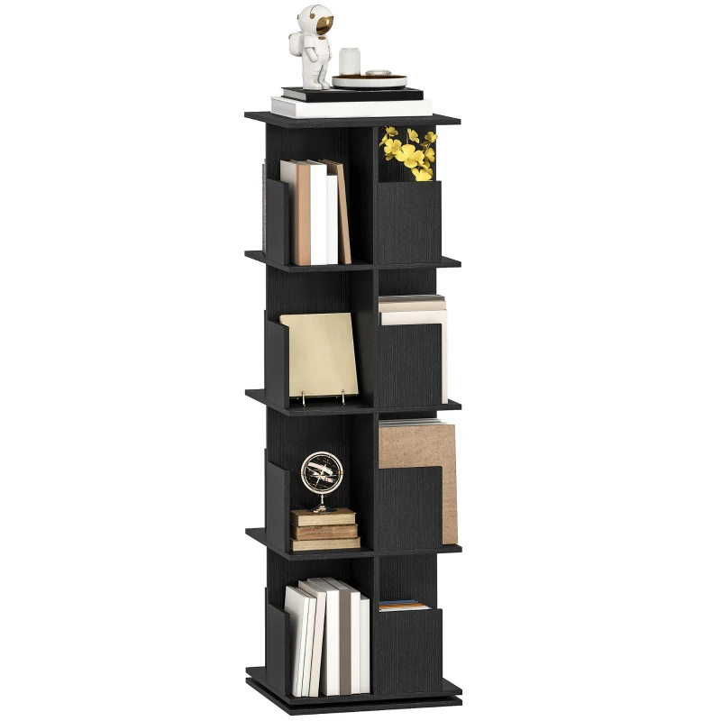 HOMCOM 360° Rotating Bookcase, 4 Tier Bookshelf with 16 Cubbies for Small Space, Living Room, Bedroom, Study, Black Wood Grain