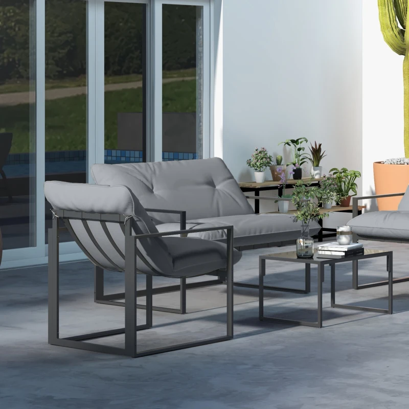 Outsunny 4 Piece Outdoor Furniture Set, Patio Conversation Set with Tempered Glass Table, Loveseat, 2 Chairs and Cushions, Grey