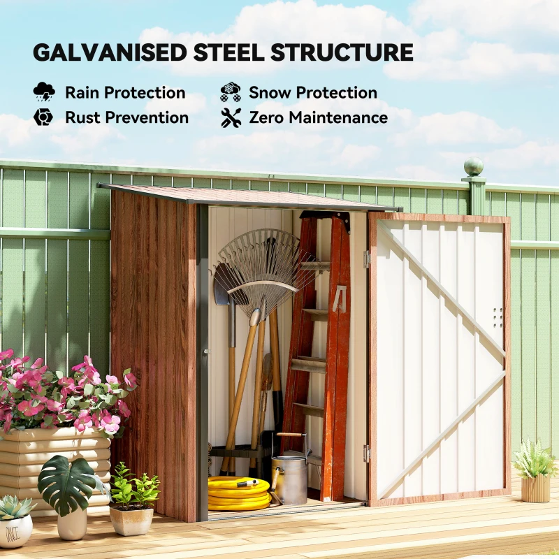 Outsunny 3.3' x 3.4' Lean-to Garden Storage Shed, Outdoor Galvanized Steel Tool House with Lockable Door for Patio, Teak