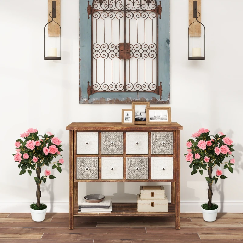 Outsunny 3FT Artificial Plant Pink Rose Floral Set of 2 in Pot, Fake Plant for Home Indoor Decor