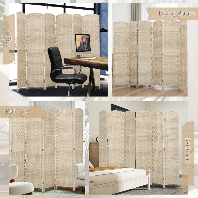 HOMCOM 6 Ft Tall Folding Room Divider, 6 Panel Portable Privacy Screen, Hand-Woven Partition Wall Divider, Light Oak