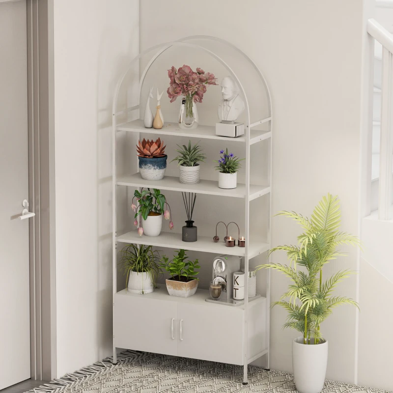 HOMCOM 4-Tier Arched Shelving Unit with Cabinet, Bookshelf for Living Room, Office, 31.5" x 11.8" x 73.6", White
