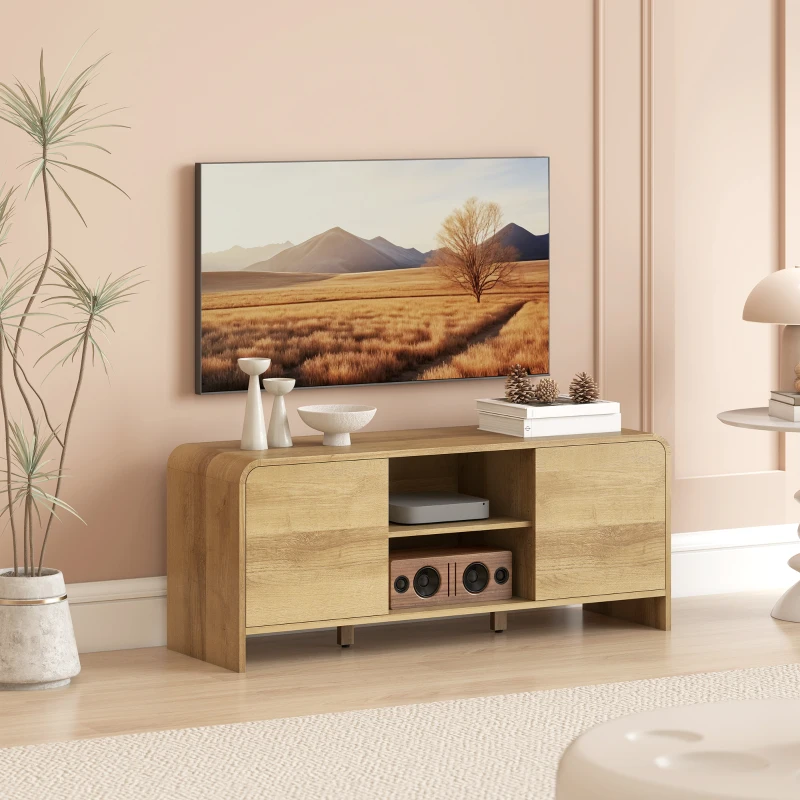 HOMCOM TV Stand for up to 55 Inch TV, Nordic Entertainment Center with 2 Cabinets and 2 Open Shelves for Living Room, Natural Wood