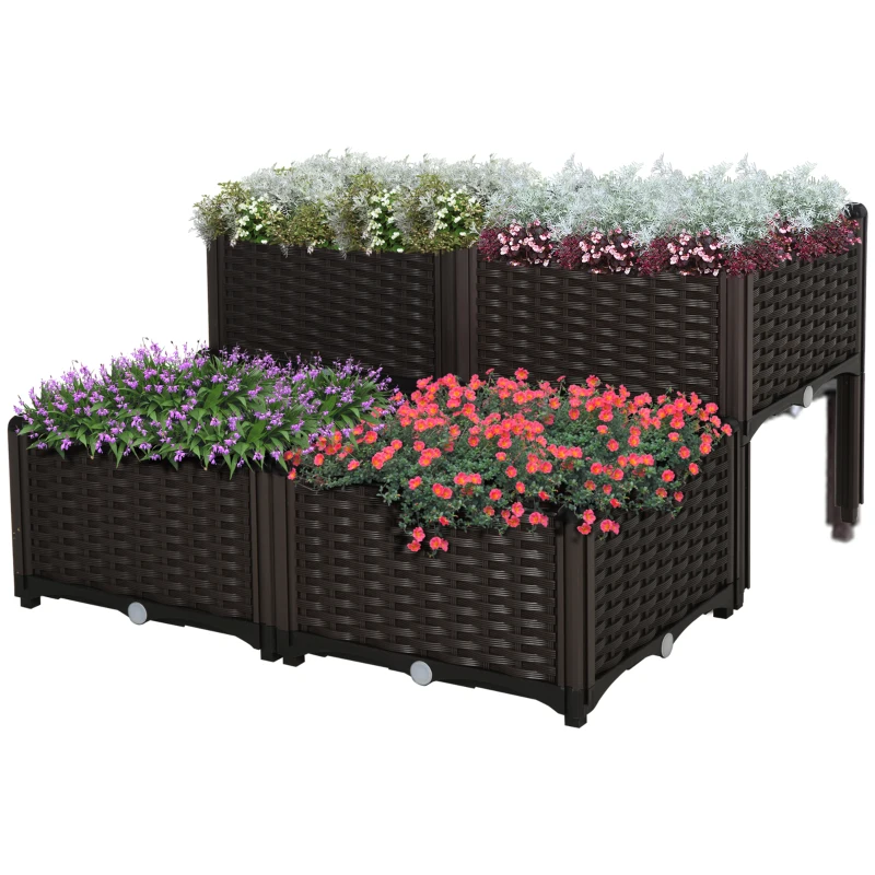 Outsunny 4 Piece Raised Garden Bed PP Raised Flower Bed Vegetable Herb Grow Box Stand Brown