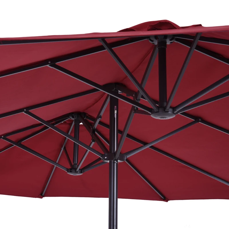 Outsunny 15ft Double-sided Patio Umbrella with Twin Canopy, Extra Large Outdoor Parasol with Crank for Pool, Deck, Market, Wine Red