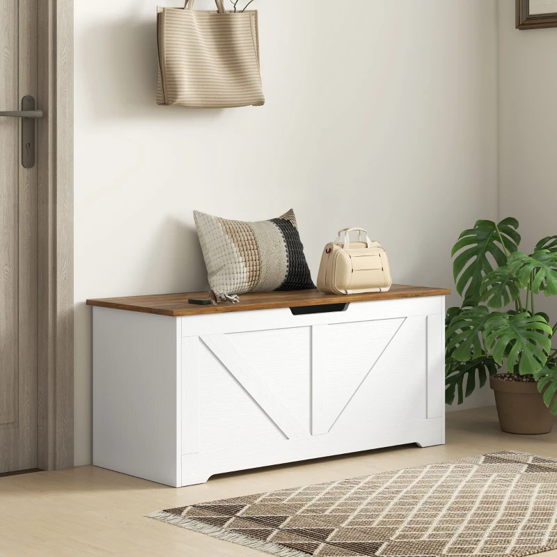 HOMCOM 39.4 Inches Storage Chest, Storage Trunk with 2 Safety Hinges for Living Room, Brown and White Wood Grain