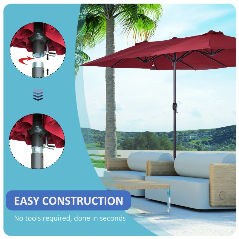 Outsunny 15ft Double-sided Patio Umbrella with Twin Canopy, Extra Large Outdoor Parasol with Crank for Pool, Deck, Market, Wine Red