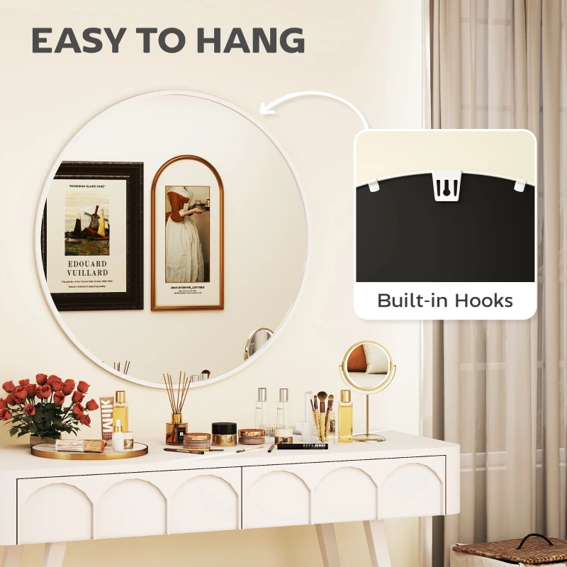 HOMCOM 36" Round Mirror, Bathroom Wall Mirror with Metal Frame, Decorative Vanity Mirror for Living Room, Bedroom, White