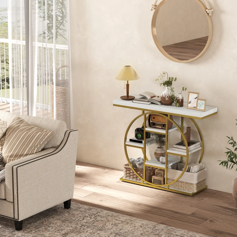 HOMCOM 39.4" Console Table with Storage Shelves, Industrial Sofa Table for Living Room, Hallway, White Marble Effect