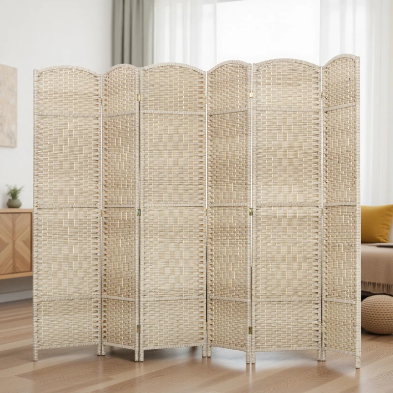 HOMCOM 6 Ft Tall Folding Room Divider, 6 Panel Portable Privacy Screen, Hand-Woven Partition Wall Divider, Light Oak