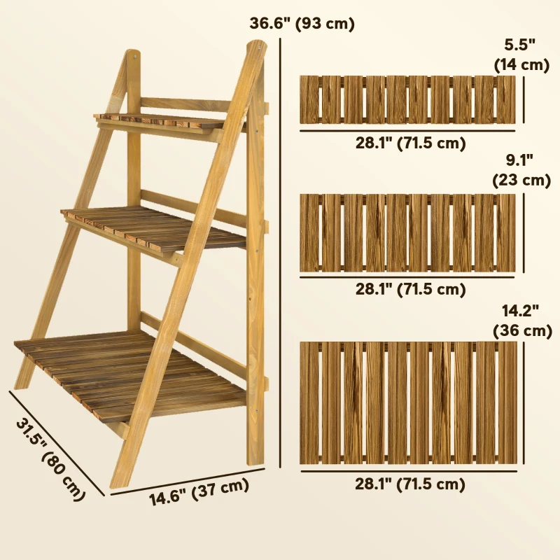 Outsunny Outdoor Plant Stand, Foldable 3-Tier Wooden Plant Shelf